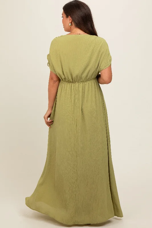 light-olive-v-neck-drawstring-short-sleeve-side-slit-maternity-maxi-dress