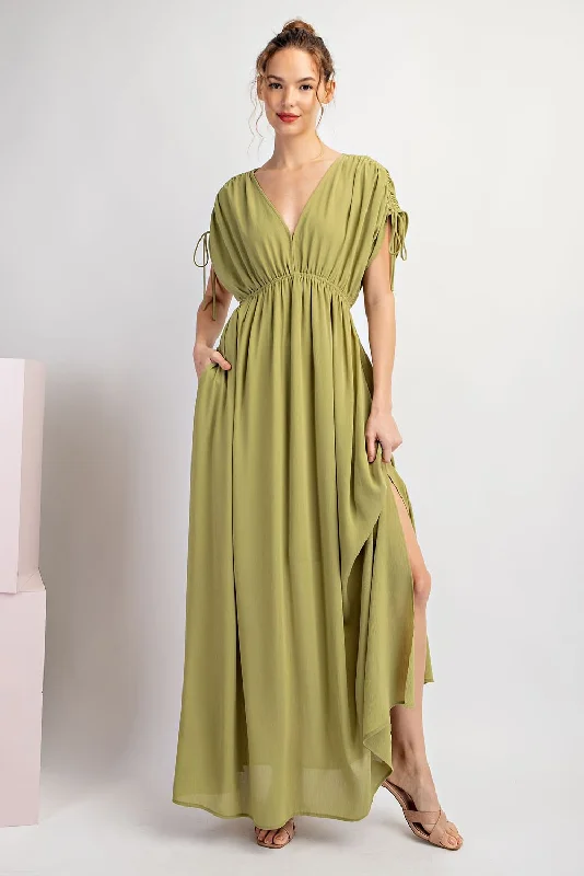 light-olive-v-neck-drawstring-short-sleeve-side-slit-maternity-maxi-dress