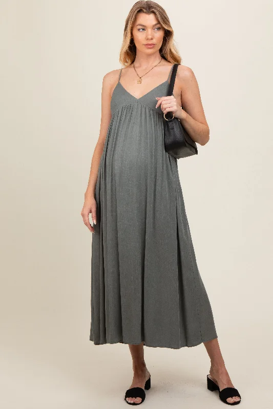 Light Olive V-Neck Sleeveless Maternity Midi Dress