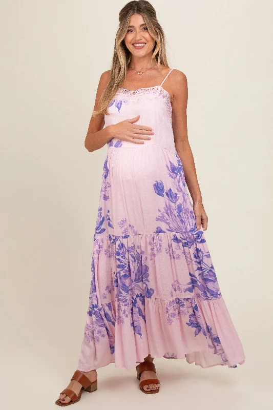 Light Pink Floral Lace Loose Fit Maternity Maxi Dress