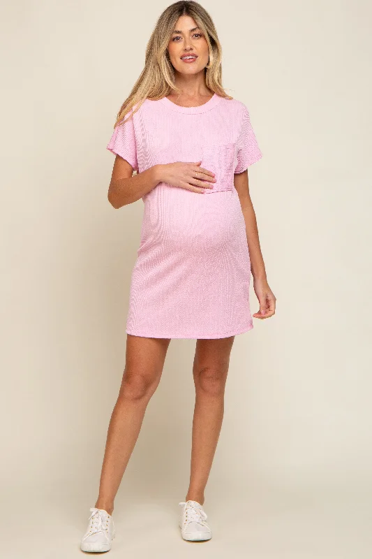 light-pink-ribbed-front-pocket-dolman-short-sleeve-maternity-dress