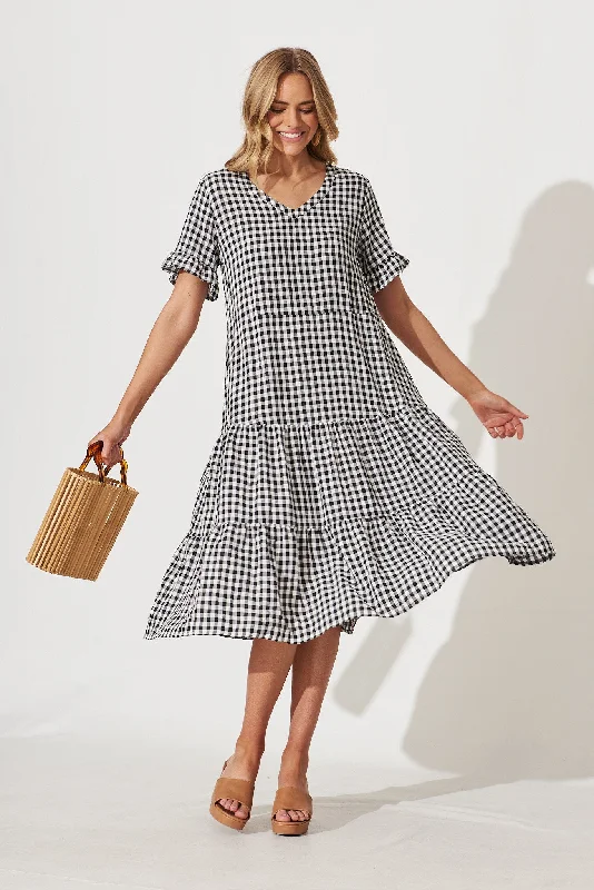 Louisa Midi Smock Dress In Black And White Gingham Cotton Blend