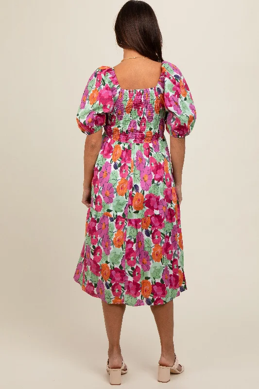 magenta-floral-print-puff-sleeve-maternity-dress