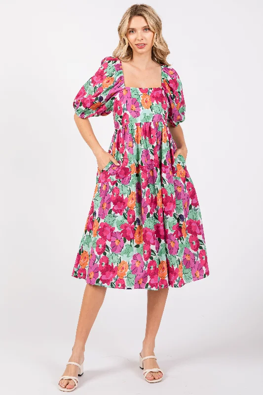 magenta-floral-print-puff-sleeve-maternity-dress