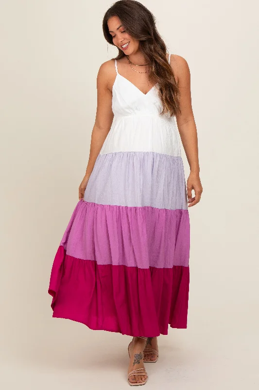 magenta-v-neck-tiered-color-block-maternity-midi-dress