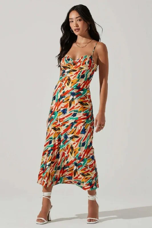 Mariela Abstract Satin Midi Dress | Orange Green Multi