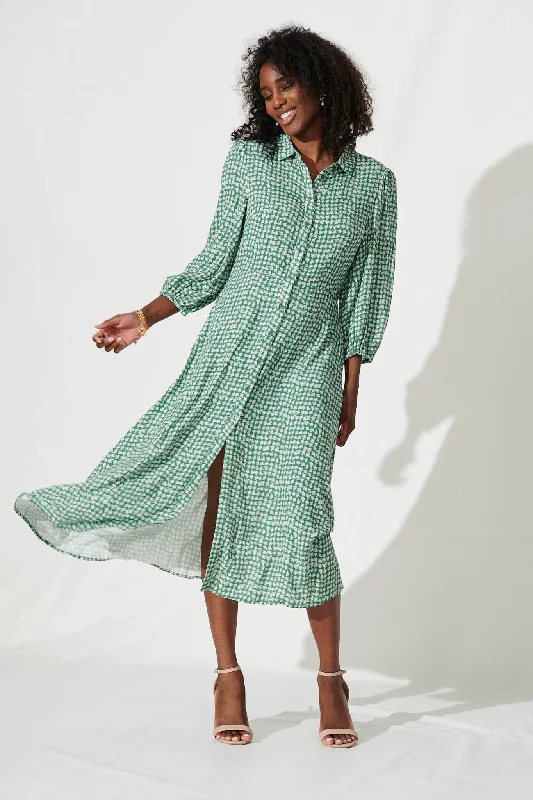 Martinez Midi Shirt Dress In Green With Cream Print