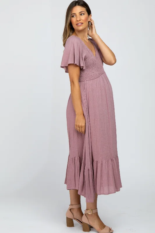 mauve-smocked-v-neck-maternity-midi-dress