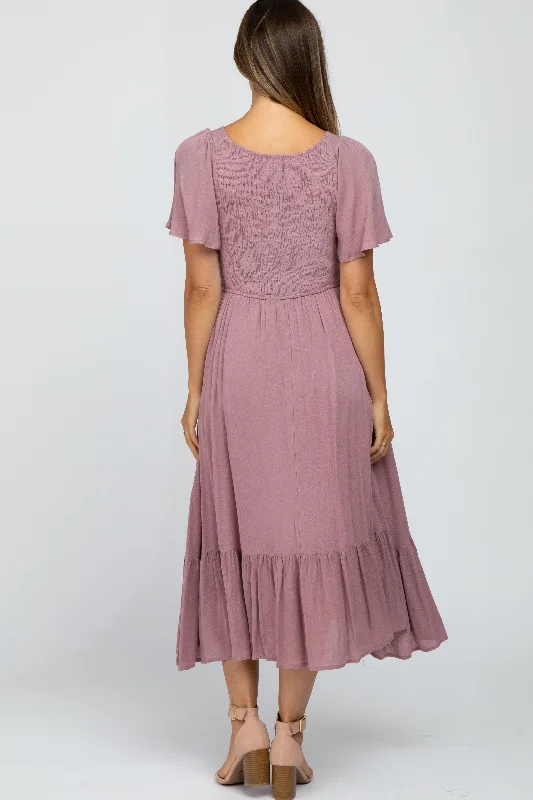 mauve-smocked-v-neck-maternity-midi-dress