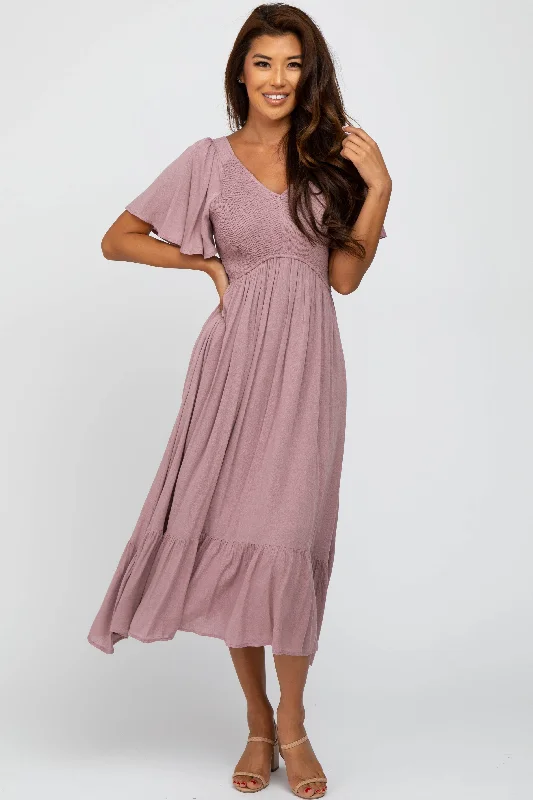 mauve-smocked-v-neck-maternity-midi-dress