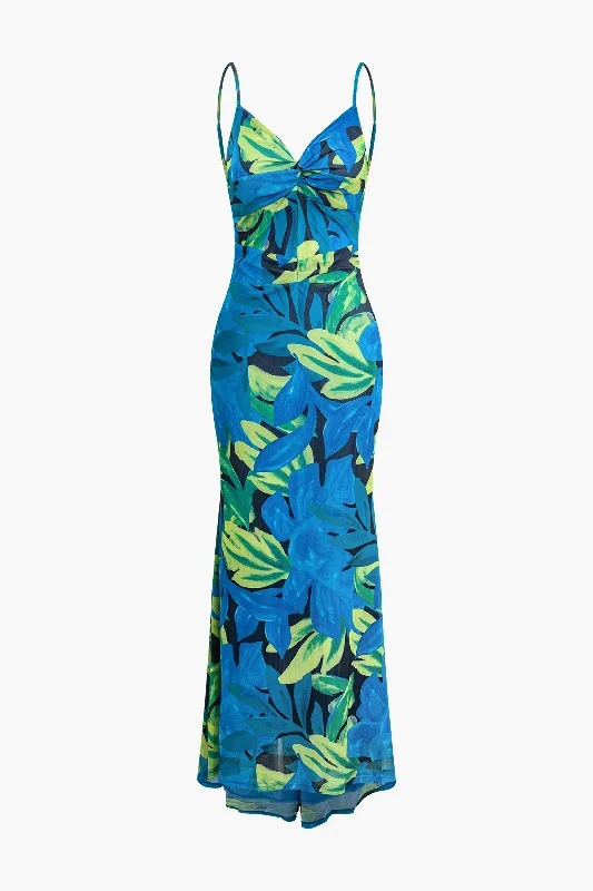 Tropical Leaf Print Mesh Twist Front Maxi Dress