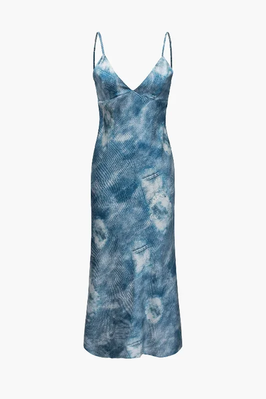 Tie Dye Backless V-Neck Midi Dress