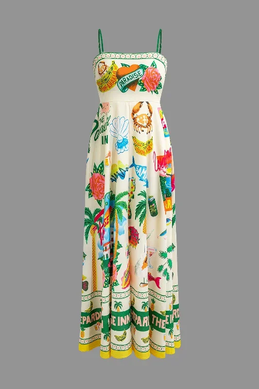 Tropical Print Strap Midi Dress