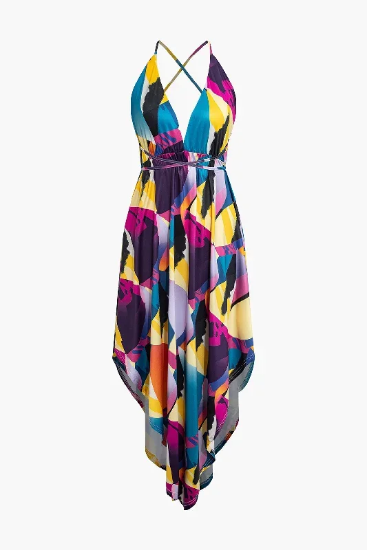 Geometric Print Crisscross Backless V-neck Maxi Dress