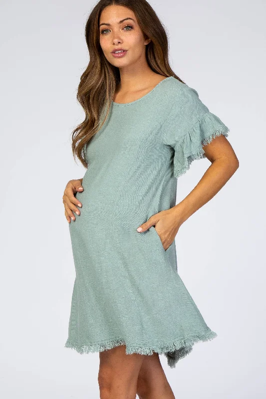 mint-green-frayed-trim-back-keyhole-linen-maternity-dress