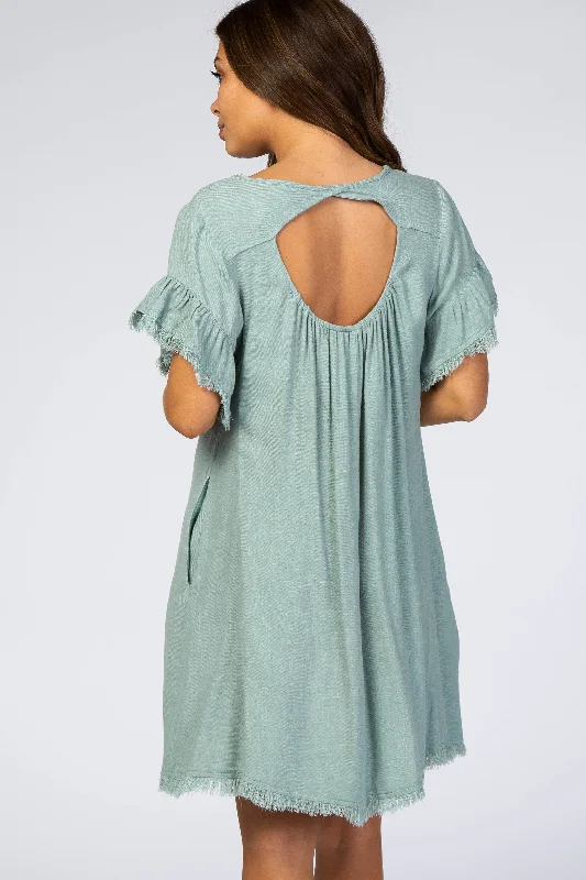 mint-green-frayed-trim-back-keyhole-linen-maternity-dress