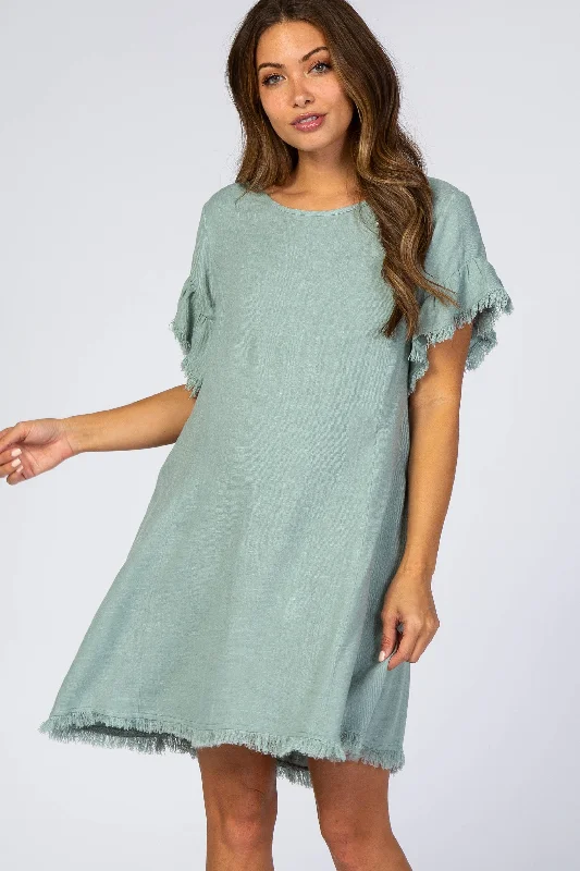 mint-green-frayed-trim-back-keyhole-linen-maternity-dress