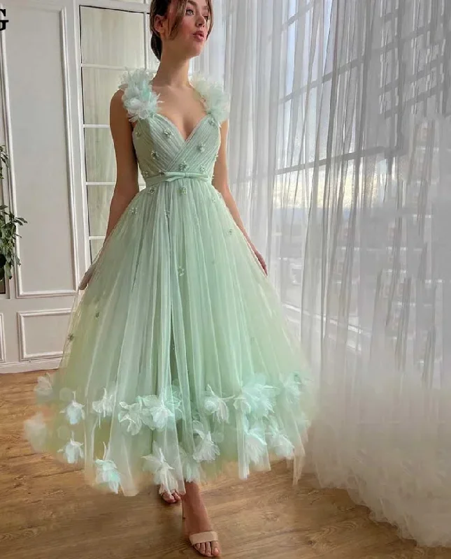 Mint Green Prom Dresses Fairy 3D Flowers Party Dress For Women Princess Tea Length Formal Wedding Gowns Summer