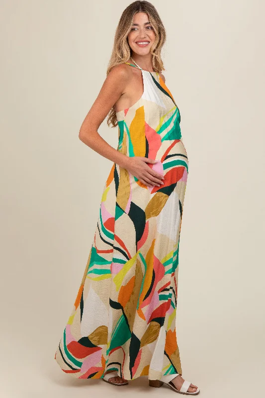 multicolor-abstract-print-halter-maternity-maxi-dress