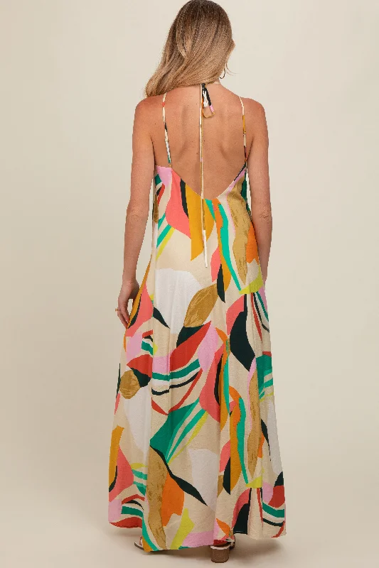 multicolor-abstract-print-halter-maternity-maxi-dress