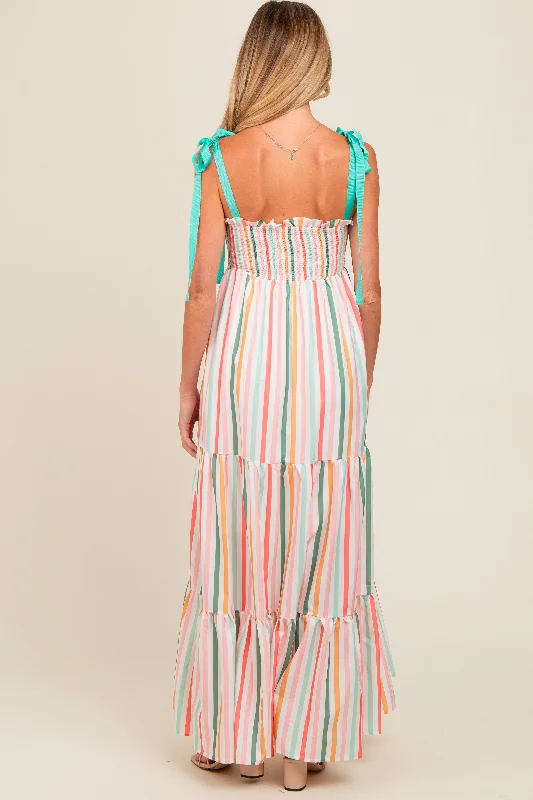 multicolor-striped-shoulder-tie-smocked-maternity-maxi-dress