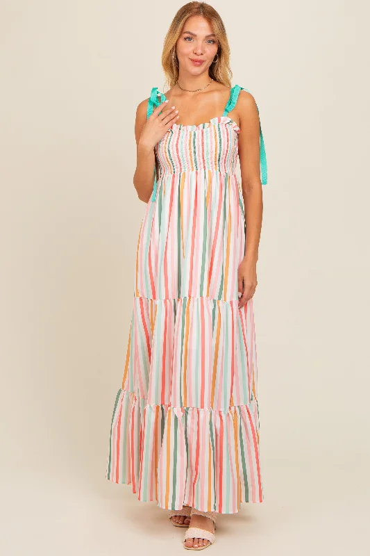 multicolor-striped-shoulder-tie-smocked-maternity-maxi-dress