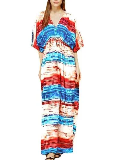 JuliaFashion-Multicolored Tie Dye Print Kaftan Maxi Dress