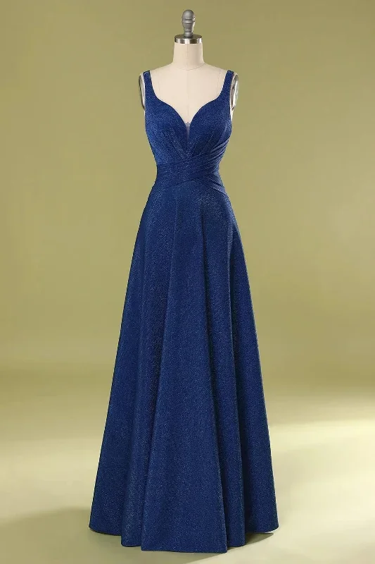 Navy Blue V-Neck Straps Gathered Long Bridesmaid Dress