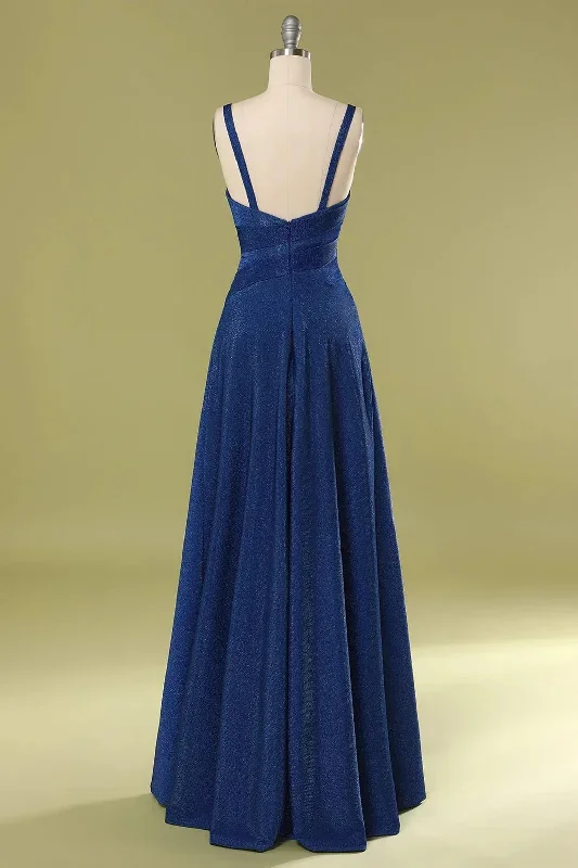 navy-blue-v-neck-straps-gathered-long-bridesmaid-dress