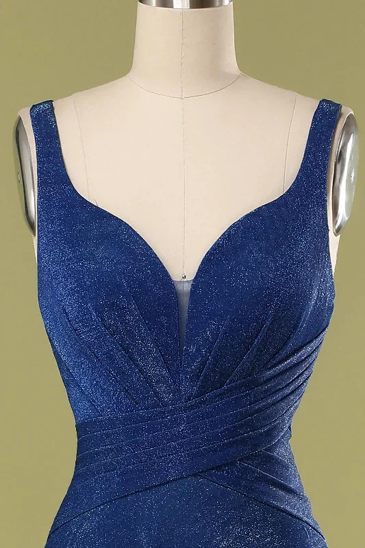 navy-blue-v-neck-straps-gathered-long-bridesmaid-dress