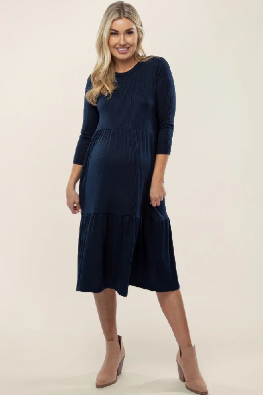 Navy Tiered Ribbed 3/4 Sleeve Maternity Midi Dress