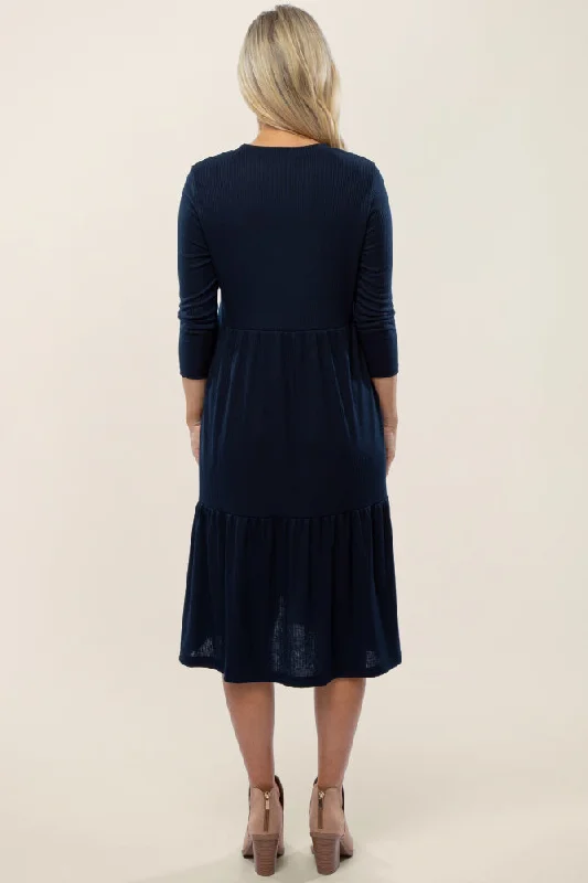 navy-tiered-ribbed-3-4-sleeve-maternity-midi-dress