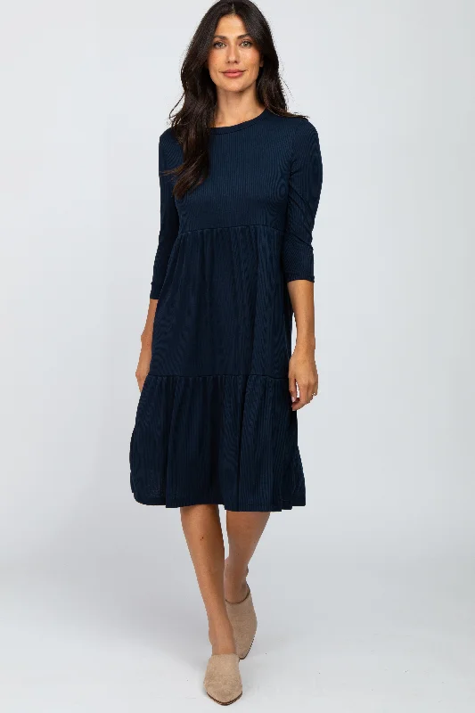 navy-tiered-ribbed-3-4-sleeve-maternity-midi-dress