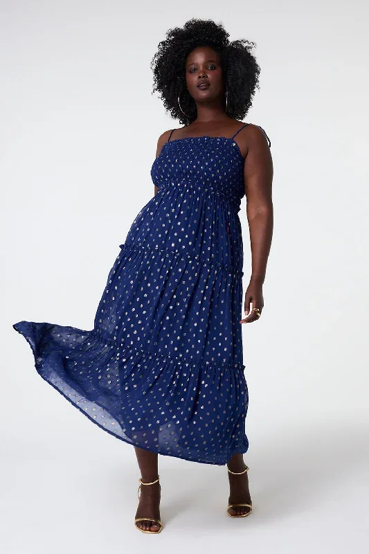 Navy with Gold Lurex Spot Bandeau Midi Dress