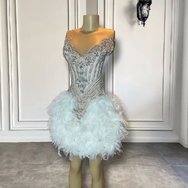 New Arrival Luxury Handmade Silver Diamond Women Birthday Party Formal Gowns White Feather Black Girls Short Prom Dresses 2024