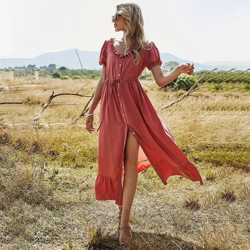 new-ladies-puff-sleeve-long-dress-women-solid-ruffles-button-high-waist-v-neck-elegant-casual-women-summer-dress-female-vestidos