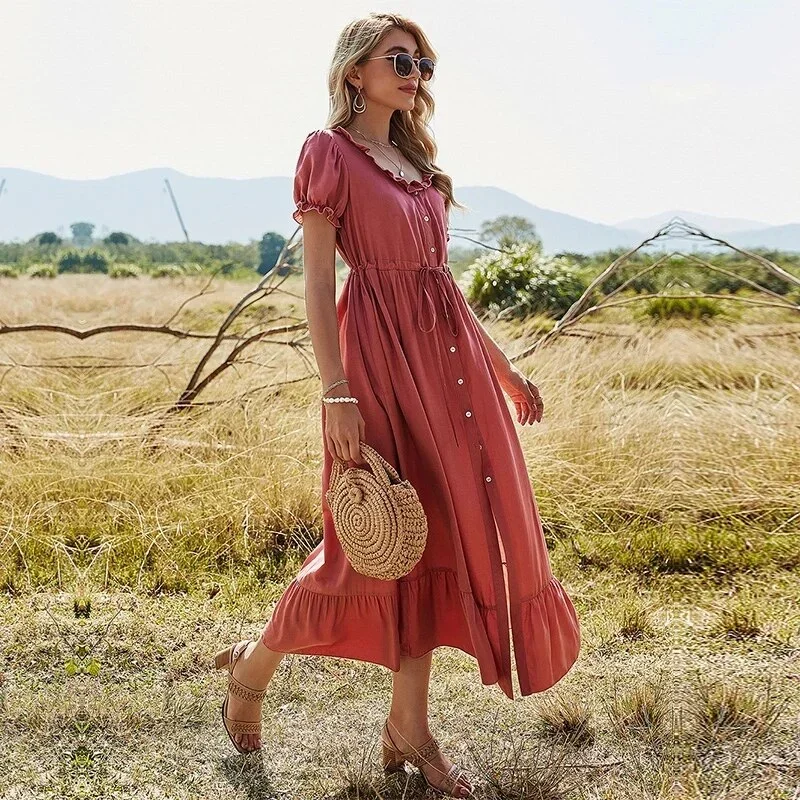 new-ladies-puff-sleeve-long-dress-women-solid-ruffles-button-high-waist-v-neck-elegant-casual-women-summer-dress-female-vestidos