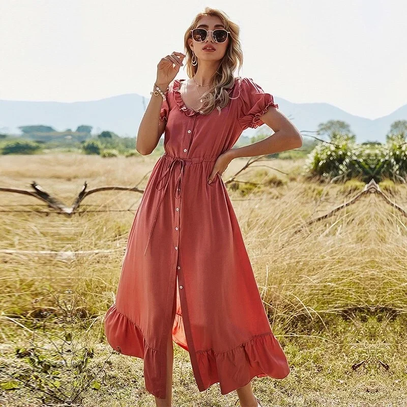 new-ladies-puff-sleeve-long-dress-women-solid-ruffles-button-high-waist-v-neck-elegant-casual-women-summer-dress-female-vestidos