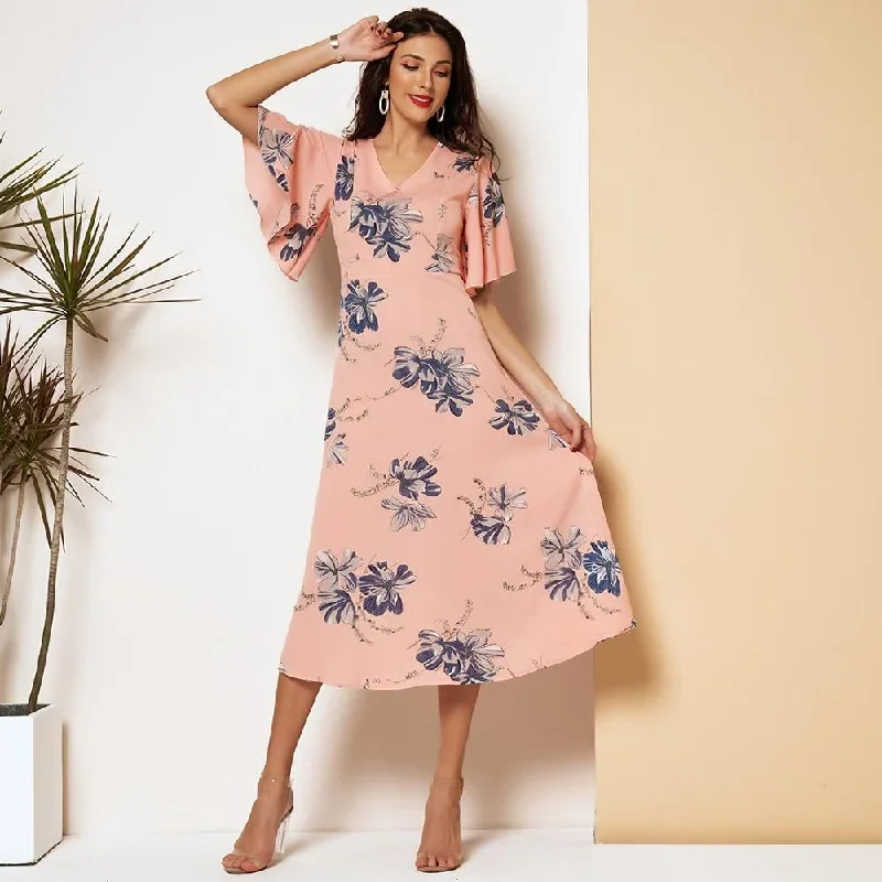 FashionSierra - New Summer Dress Women Pink Floral Printing V-neck Slim-fiitted Ruffle Short Sleeves A-line Thin Chiffon Sweet Midi Dresses