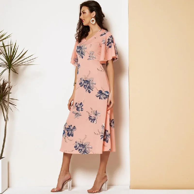 new-summer-dress-women-2021-pink-floral-printing-v-neck-slim-fiitted-ruffle-short-sleeves-a-line-thin-chiffon-sweet-midi-dresses