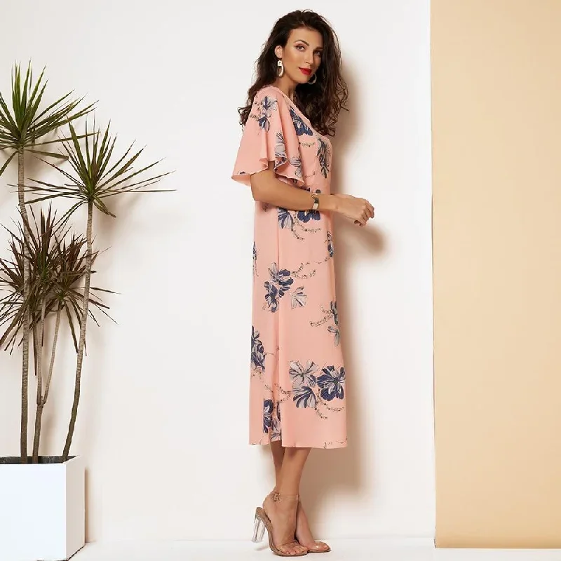 new-summer-dress-women-2021-pink-floral-printing-v-neck-slim-fiitted-ruffle-short-sleeves-a-line-thin-chiffon-sweet-midi-dresses