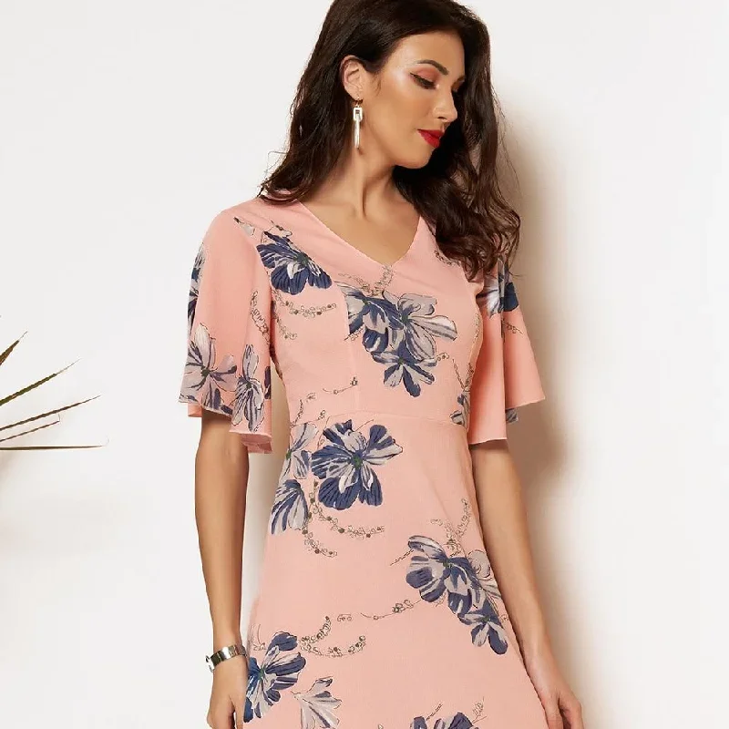 new-summer-dress-women-2021-pink-floral-printing-v-neck-slim-fiitted-ruffle-short-sleeves-a-line-thin-chiffon-sweet-midi-dresses