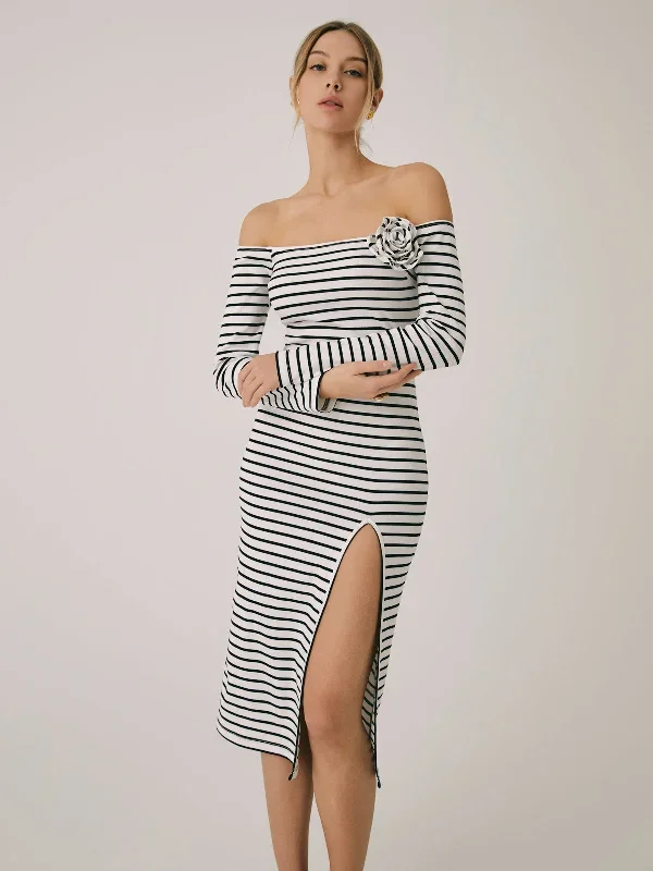 off-shoulder-rosette-split-midi-dress