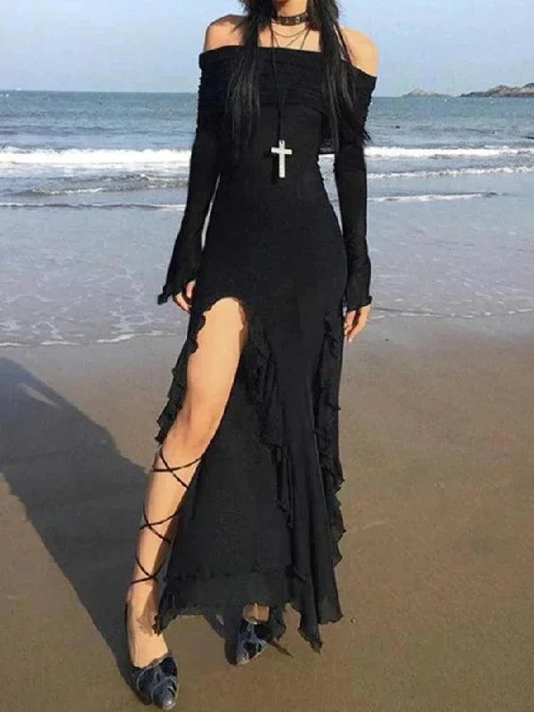 Off Shoulder Ruffle High Slit Maxi Dress