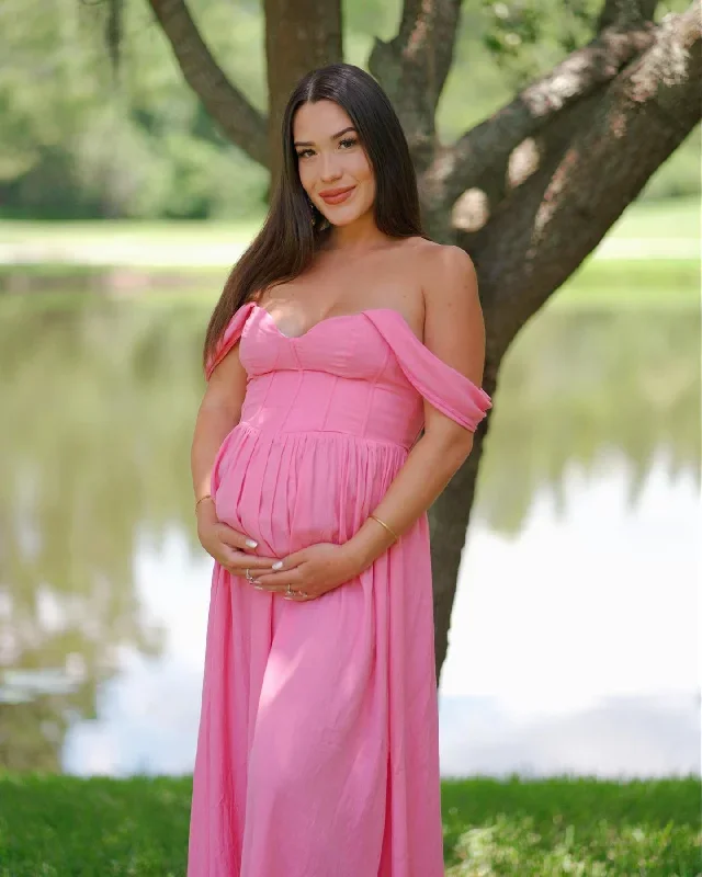 Off the Shoulder Pink Floor Length Pregnant Bridesmaid Dress