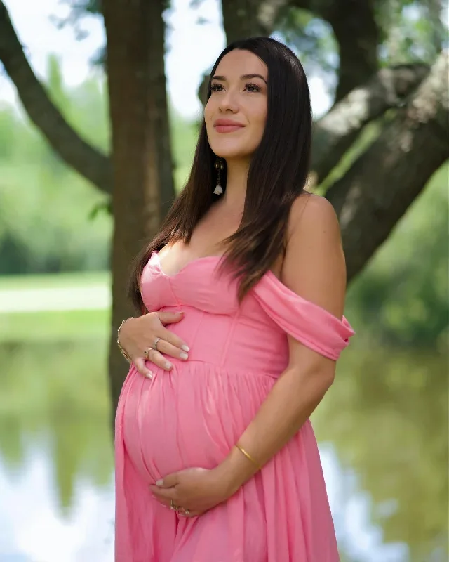 off-the-shoulder-pink-floor-length-pregnant-bridesmaid-dress