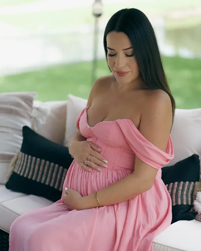 off-the-shoulder-pink-floor-length-pregnant-bridesmaid-dress