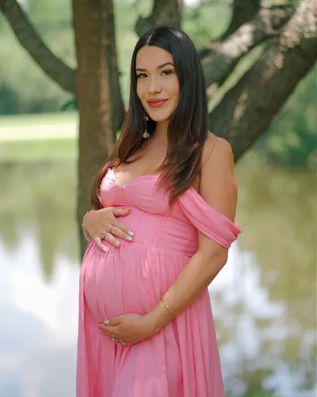 off-the-shoulder-pink-floor-length-pregnant-bridesmaid-dress