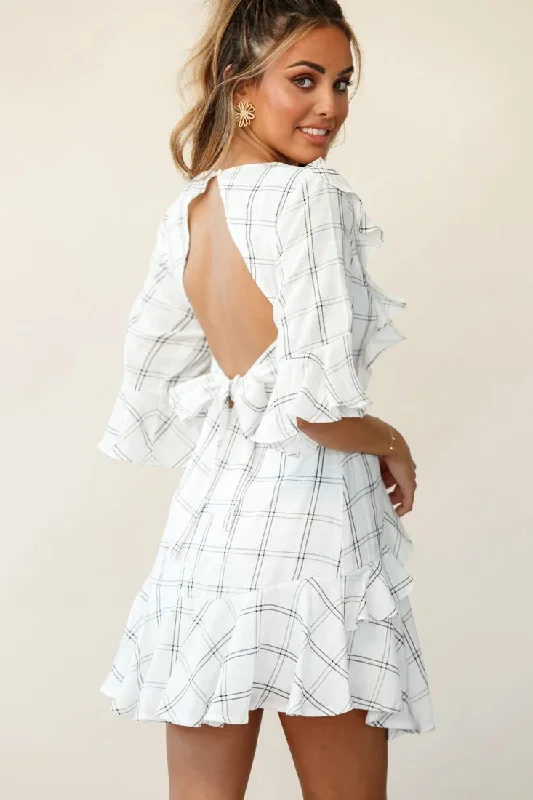 ondina-ruffle-trimmed-keyhole-back-dress-check-print-white