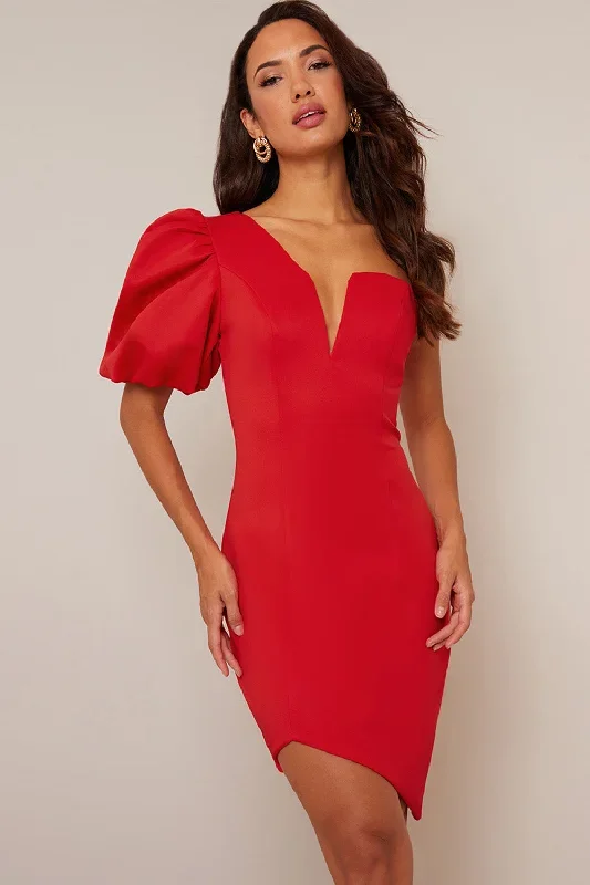 one-shoulder-puff-sleeve-bodycon-dress-in-red